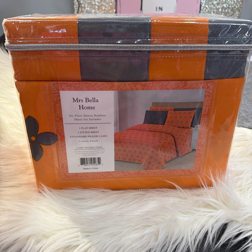Bamboo‎ Queen Sheet Designer Set Orange Grey Print 6 Piece – 100% Cotton Beaut